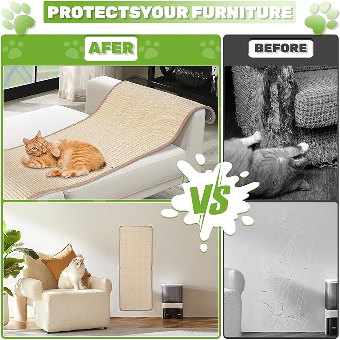 Natural Sisal Cat Scratcher Mat, Wall Scratcher Carpet, Cat Climbing Wall, Large Tall Scratching Post, Couch Sofa Protector, Scratching Mat Pad for Indoor Cats (39.3" Lx15.7 W, 2PCS)