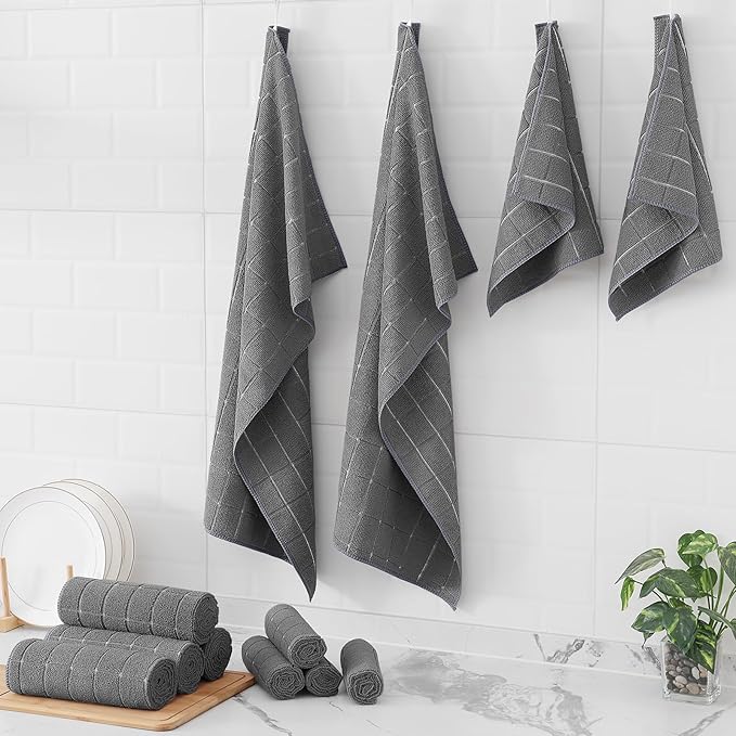 Homaxy Microfiber Kitchen Towels and Dishcloths Set, 12 Pack, 28 x 16 Inch & 12 x 12 Inch Quick Drying Rags for Washing Dishes and Premium Kitchen Towels 18”x 28”, 6 Pack, Grey