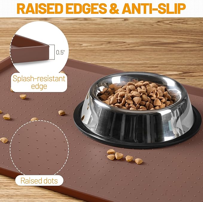 Hubulk Dog Feeding Mat,100% Waterproof Food Grade Silicone Pet Food and Water Bowl Placemat,Dishwasher, High Raised Edge to Prevent Spills,Nonslip Tray to Stop Messes on Floor（24"x16"x0.5", Brown）