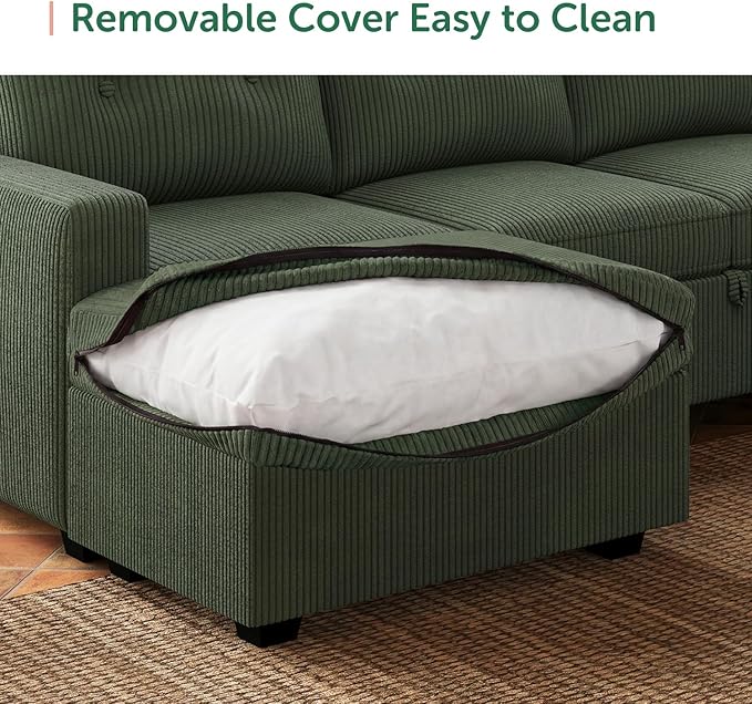 HONBAY 106.2 Inch U-Shaped Sectional Sleeper Sofa with Pull-Out Bed & Storage Ottoman, 7-Seater Sectional Sofa for Living Room, Pet-Resistant Corduroy Couch, Green