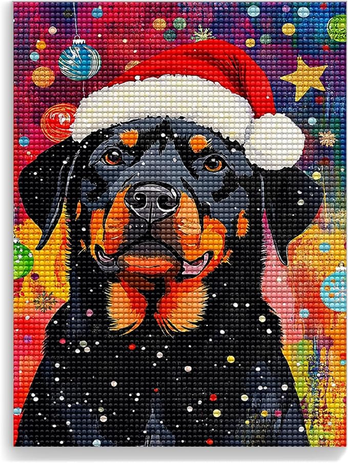 Rottweiler Wearing A Santa Hat Diamond Art Kits for Adults, Christmas DIY 5d Diamond Painting Kits for Beginners, Can Be Used As A Gift for Home and Wall Decoration 20 * 24Inch