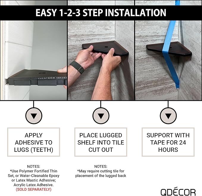 Questech 8" Corner Shower Shelf - Lugged for New Construction, Shower Organizer for Tiled Walls, Corner Caddy Soap Dish Bathroom Storage, Geo Lugged, Sand Matte