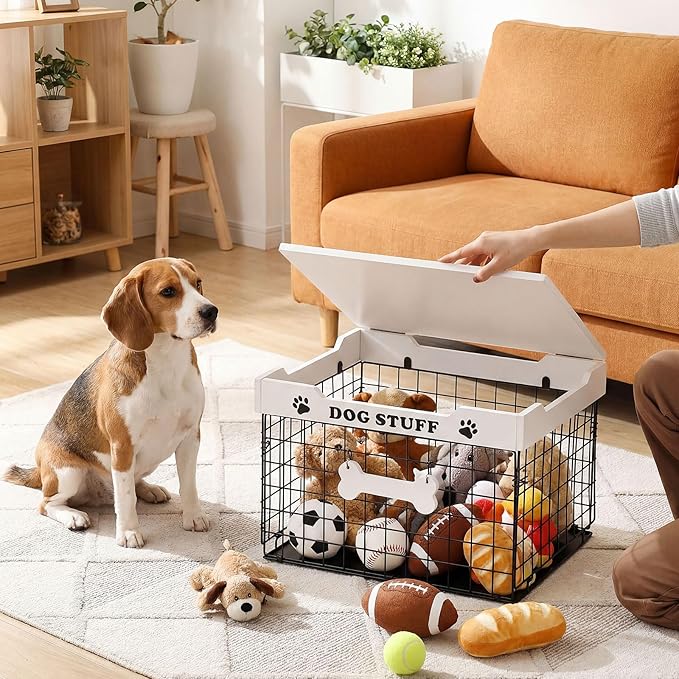 Dog Toy Bin Basket with Lid, 15.4'' Large Metal Dog Toy Storage Box with Bone Handle, Organizer Chew for Living Room, Farmhouse Food Storage Organizer for Leash Chew Blankets Clothes(White)