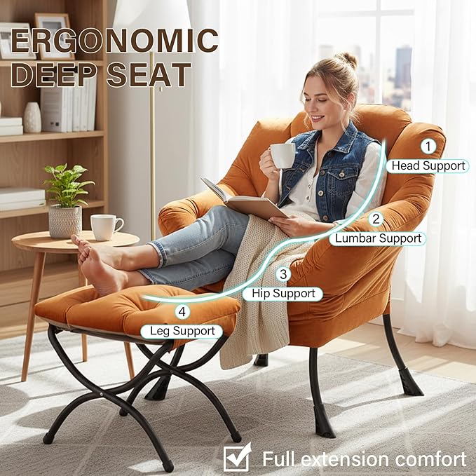 Welnow Lazy Chair with Ottoman, Modern Lounge Accent Chair with Armrests and a Side Pocket, Leisure Sofa Armchair, Reading Armchair with Footrest for Small Space, Corner Chair