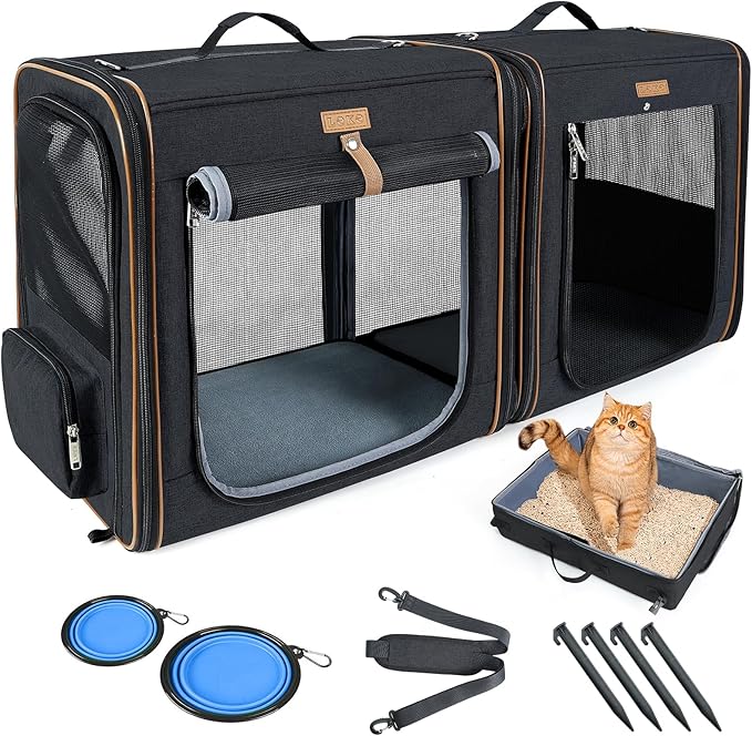 Lekereise 2-in-1 Cat Travel Carrier with Litter Box, (17.7" x2) x16.5"x13" Large Cat Carrier with Zipper Locks for Moving Across The Country (No Hammock) - Black