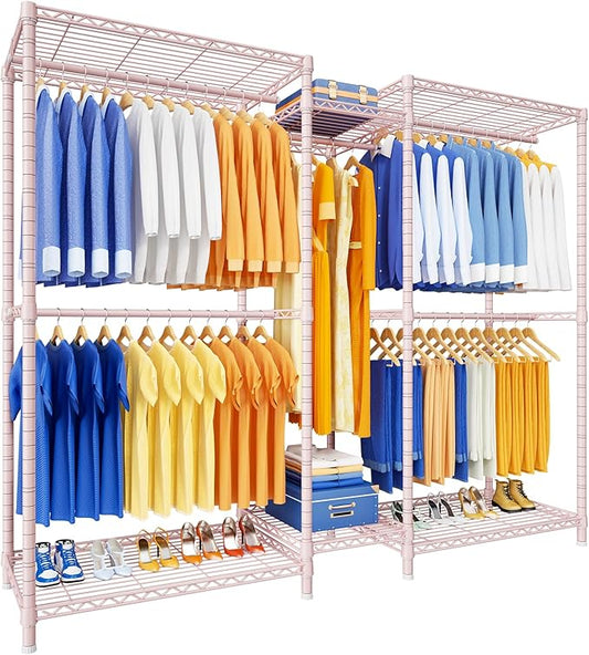 Ulif E12 Clothes Rack，Heavy Duty Freestanding Garment Rack with Shelves，Metal Clothing Closet Storage System for Hanging Clothes，71" W x 16" D x 76.5" H, Hold 960 lbs，Pink