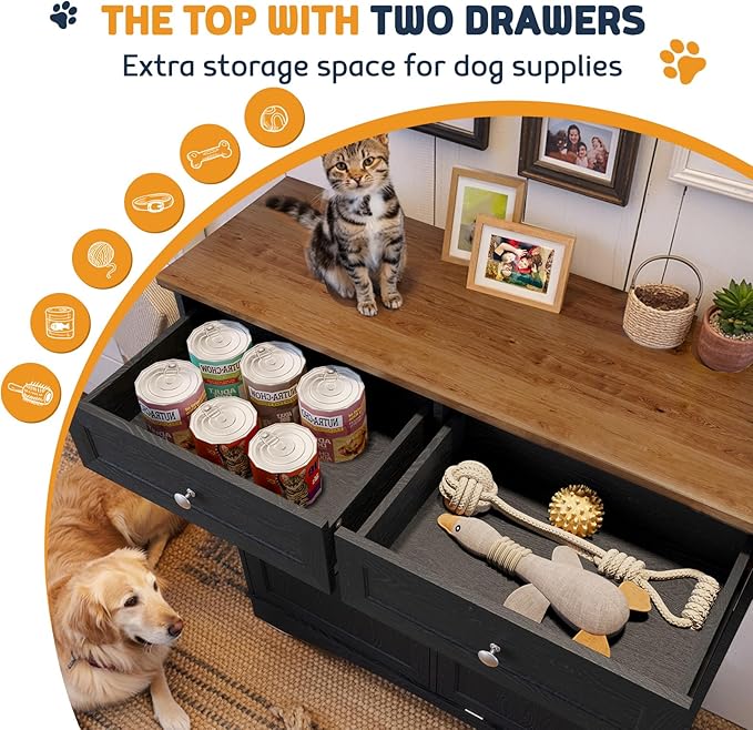 Double Door Dog Feeding Station with Storage,2X13 Gallons Tilt Out Trash Can Cabinet,Dog Food Cabinet with 4 pcs Dog Bowl for Kitchen/Living Room (Black, Double Door)