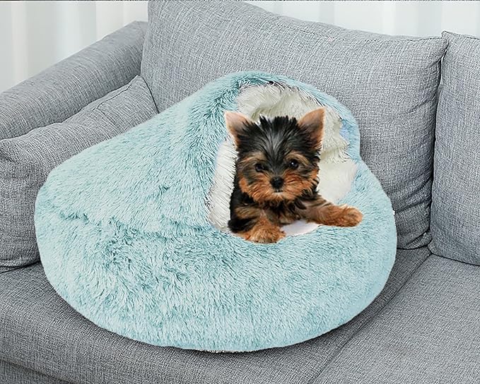 Dog Cave Bed for Small Dogs Cats Pets, Anti Anxiety Calming Plush Dog Beds, Fluffy Covered Hooded Cozy Burrow Puppy Beds, Anti-Slip Bottom Washable Pet Sleeping Bag (20" D, Green)