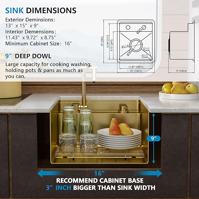13"x15" Small RV Kitchen Sink – 16 Gauge 304 Stainless Steel Brushed Gold NANO-PVD Undermount Single Bowl Sink with Foldable Faucet, for RV, Camper, Mobile Home, Wet Bar
