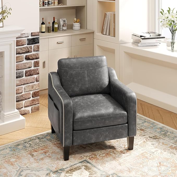 PU Leather Accent Chair Set of 2, Mid-Century Modern Living Room Armchair Sofa with Removable Cushions, Solid Wood Frame & Stitched Armrest Design, Bedroom Chair with Plastic Legs, Black
