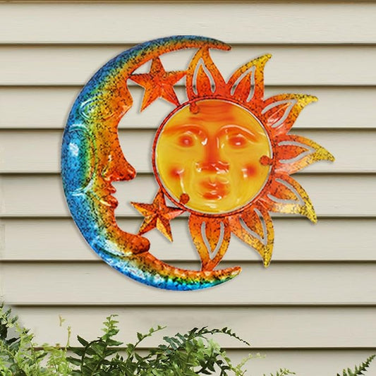Metal Sun&Moon Wall Art Decor,12 Inch Retro Hanging Decor With Glass,Sun Moon Star Outdoor Indoor Wall Decorations For Patio Yard Garden Fence Living Room Bedroom