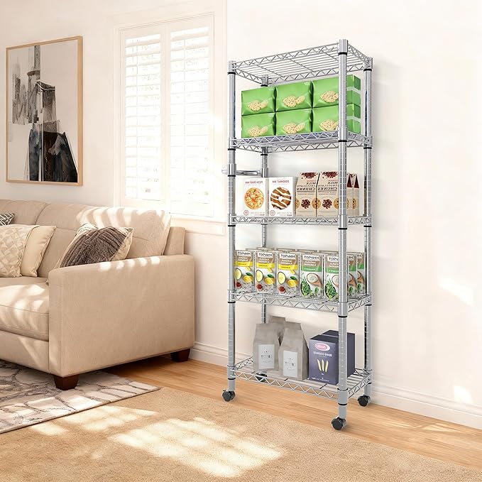 5-Tier Storage Shelves with Wheels and Adjustable Shelf, Heavy Duty Metal Shelving Unit Wire Rack Rolling Storage Shelving for Pantry Kitchen Garage Bedroom, 61" H x 23.6" W x 11.8" D