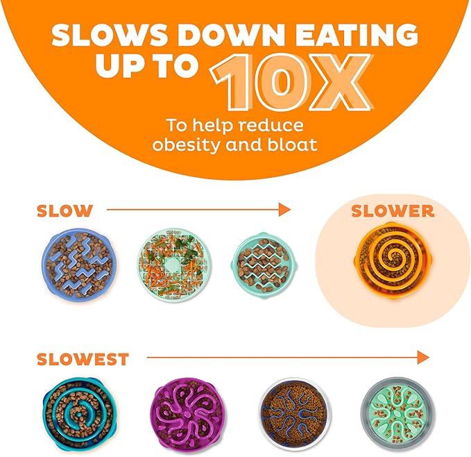 Outward Hound Slow Feeder Dog Bowl – Prevents Bloating & Fast Eating – Large 4 Cup Orange Swirl