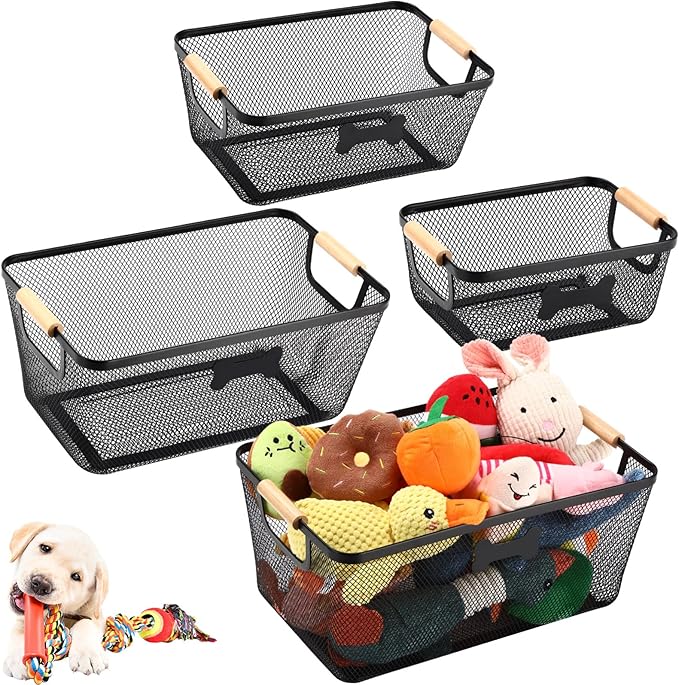 4 Pack Metal Dog Toy Storage Baskets with Wooden Handles, Chew Resistant Pet Organizer Bins for Dog Toys, Leashes, Accessories, Stackable Mesh Pet Storage for Home Outdoor