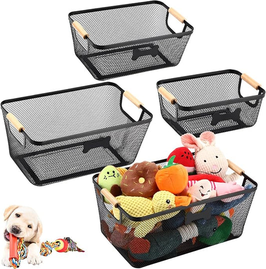 4 Pack Metal Dog Toy Storage Baskets with Wooden Handles, Chew Resistant Pet Organizer Bins for Dog Toys, Leashes, Accessories, Stackable Mesh Pet Storage for Home Outdoor