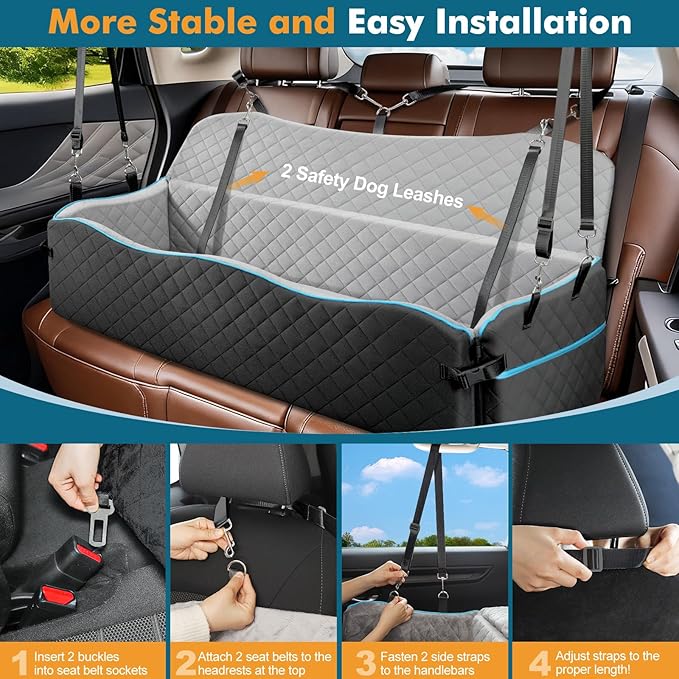Large Dog Car Seat, Dog Car Bed for Large Dogs Under 120lbs, Pet Booster Seat with Thick Cushion and 2 Safety Leashes, Detachable & Washable Pet Bed for Backseat, Black & Gray