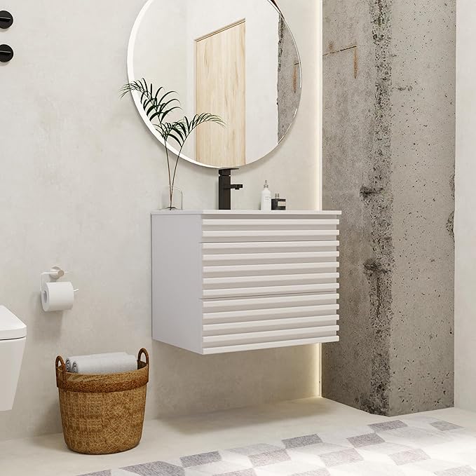 eclife 24" Floating Bathroom Vanity with Sink Combo Mid-Century Wall Mounted Cabinet with Wood Stripes Decor, Drawers, Undermount Sink, Faucet, Drain, Mixed White