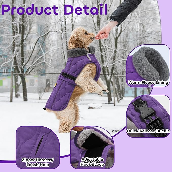 Dog Winter Coat, Adjustable Quilted Dog Snow Jacket with Fleece Lining, Water Resistant Pet Apparel for Cold Weather, Warm Large Doggie Coat with Leash Hole and Reflective Strip, NewPurple L