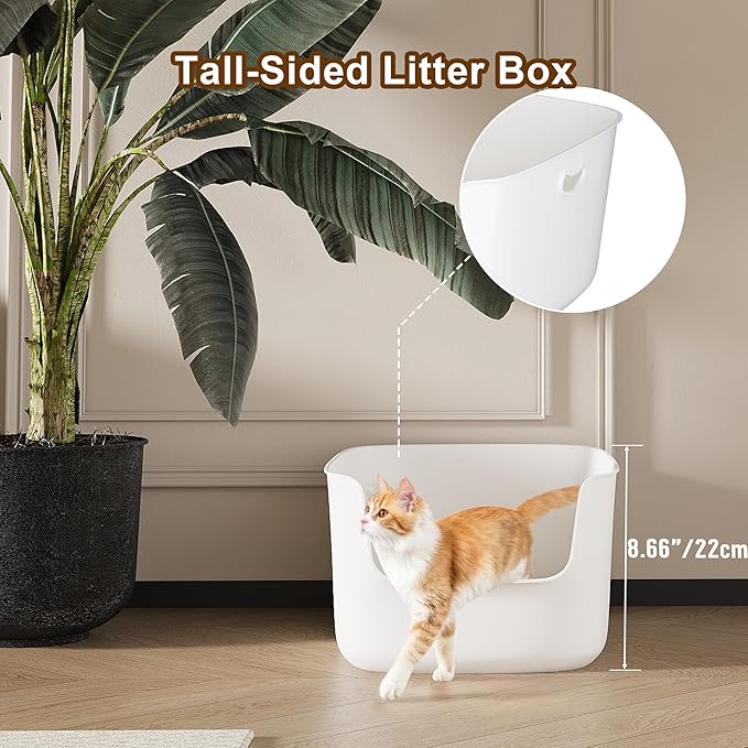 Low Entry High Sided Plastic White Cat Litter Box 22.8x15x8.66 Inch with Splash Guard - One-Piece Smooth Interior Easy Clean for Senior Kittens Mobility-Impaired Cats & Large Breeds