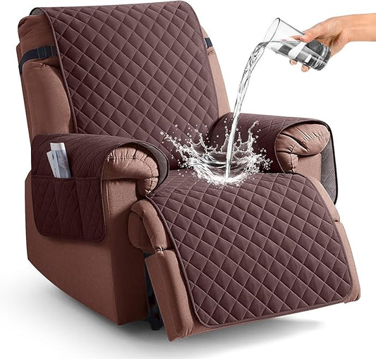 KinCam 100% Waterproof Recliner Chair Cover, Reclining Couch Covers for Pets, Dogs, Recliner Couch Slipcover Furniture Protector with Elastic Straps for Kids(25", Coffee)