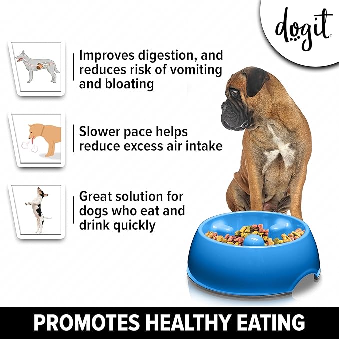 Dogit Slow Feeder Bowl for Wet or Dry Food, Go Slow Anti-Gulping Dish, Blue, Large