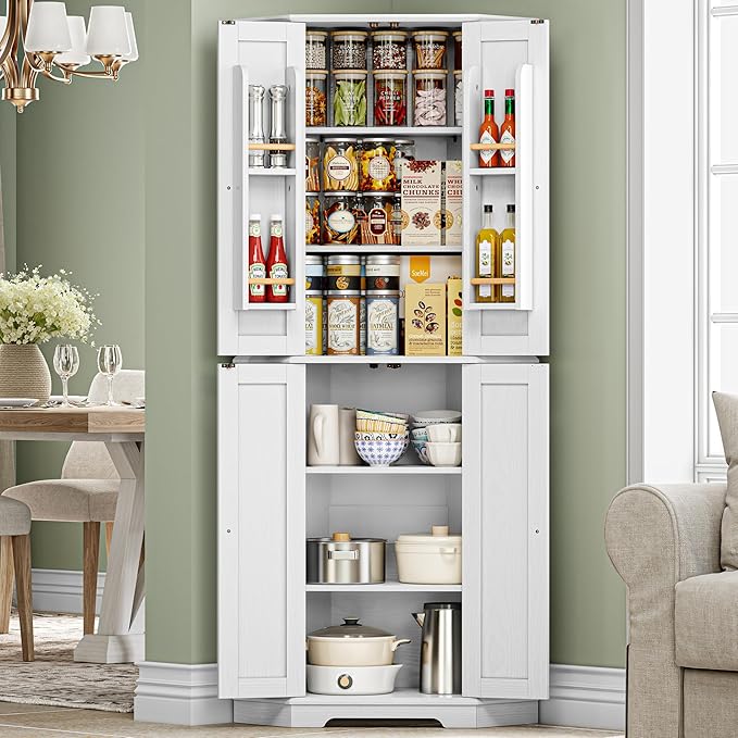 IRONCK Corner Cabinet, 72" H Kitchen Pantry Storage Cabinet, 4 Barn Doors with Storage Rack, 4 Adjustable Shelves, 6-Tier Tall Food Pantry Cabinet, Farmhouse Hutch for Kitchen Dining Room, White