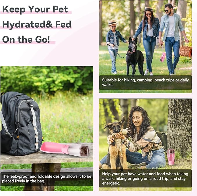 2-in-1 Foldable Pet Travel Water Bottle, Feeding Vessels for Pets, 11.8oz Water & 7oz Food Container for Dogs and Cats, Portable Leak-Proof Dispenser for Hiking, Walking & Camping White