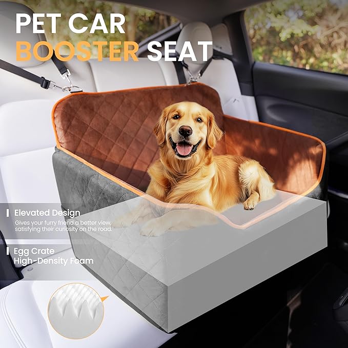 Dog Car Seat for Medium Dog, Booster Seat for Dogs Under 55lb, Elevated Pet Seat with Pocket, Anti-Slip Bed for Car, Perfect for Back Seat & Trunk with 2 Safety Leashes (Black/Brown, Large)