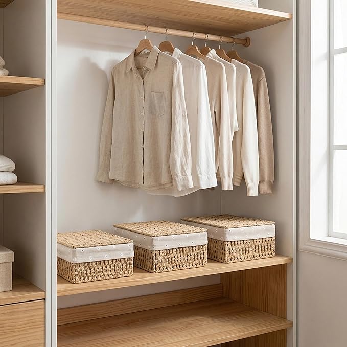 Woven Storage Baskets with Lids, Set of 3, Gray Paper Rope Wicker Bins with Lids & Removable Liners, Stackable Shelf Organizer Boxes for Bathroom Closet Nursery