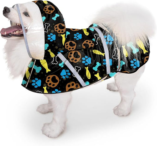 Dog Raincoat, Adjustable Rain Jacket with Hooded Double Layer for Large Medium Small Dogs Puppies, Lightweight Waterproof Rain Coat Poncho with Reflective Stripe Paw Print Black,XL