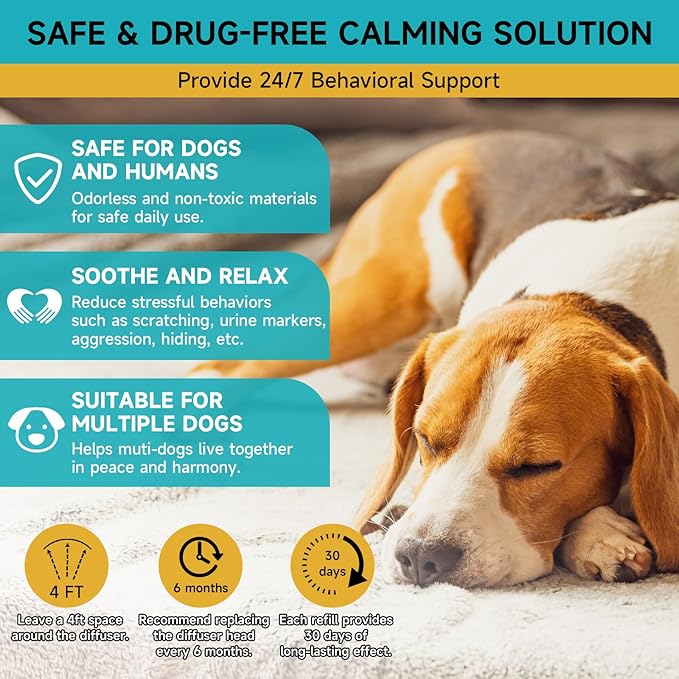 Dog Calming Diffuser - Dog Pheromones Calming Diffuser for Dog Anxiety Relief 6-in-1 Dog Pheromone Diffuser Kit with 2 Diffuser + 4 Refill 48ml Vial - 120 Days Pheromone Diffuser to Calm Dogs