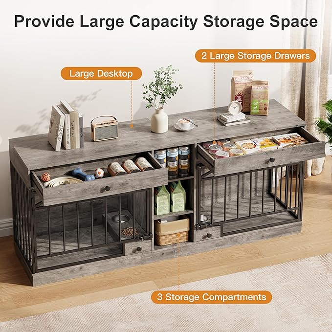 GarveeHome Dog Crate Furniture for 2 Dogs, Dog Kennel Indoor with Storage and Feeding Bowls, Double Dog Crate TV Stand for Small Medium Dogs, Grey