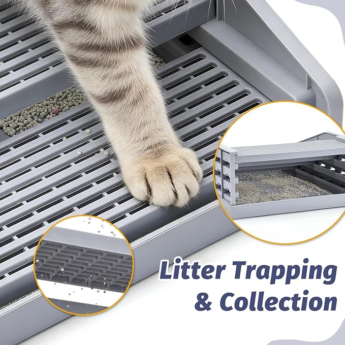 Adjustable Litter Box Step for Cats, 4-Layer Litter Catcher Ramp for Automatic Litters Robot, Cat Stool for Kittens and Senior Cats, Cat Steps for Litterbox Easy Clean (Grey)