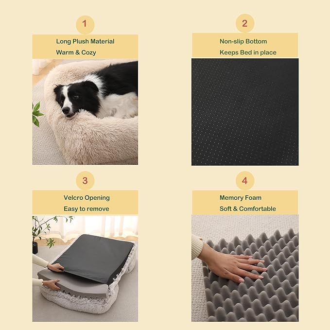 Orthopedic Dog Bed for Large Dogs - Washable Memory Foam Pet Sofa, Fluffy Plush Rectangular Bed, Waterproof Anti-Anxiety Couch, Light Brown, L