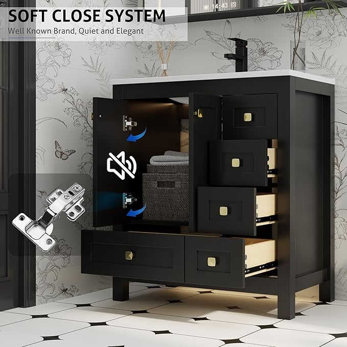 eclife 30" Bathroom Vanities with Sink Combo, Modern Thickened Wood Bathroom Storage Cabinet w/Undermount Sink, Matte Black Faucet Drain, Painted Surface, Black