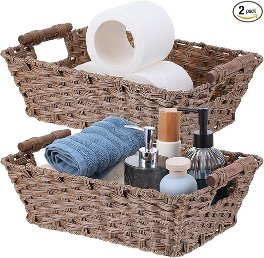 2-Pack Waterproof Wicker Storage Baskets with Handles – Hand-Woven Polypropylene Storage Bins for Pantry, Kitchen, Bathroom (15”L x 10.6”W x 5.1”H, Brown)