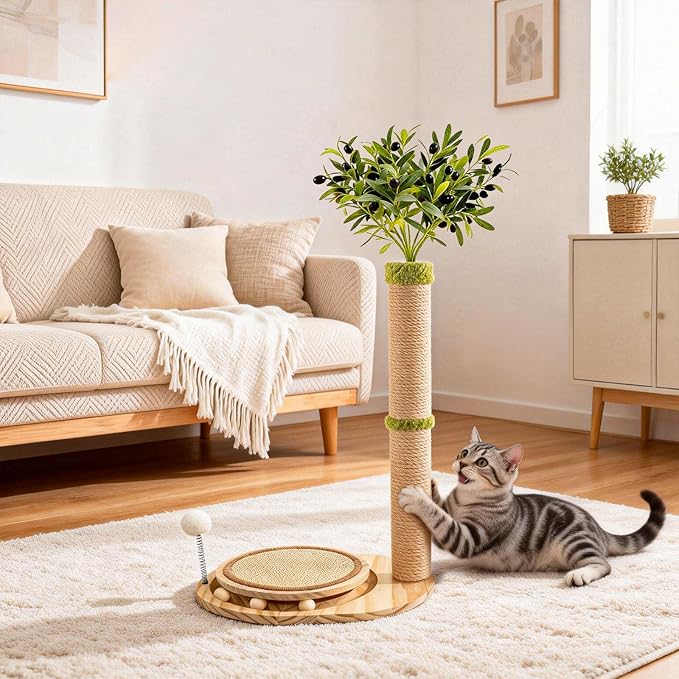39" Tall Cat Scratching Post, Cute Olive Cat Scratcher, Interactive Cat Toys with Ball Track & Spring Ball, Sturdy Cat Scratch Post with Pad for Indoor Cats Adults and Kittens