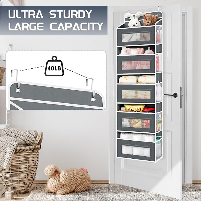 1 Pack 5-Tier Over the Door Organizer with 5 Large Side Pockets, 40lb Ultra Sturdy Large Capacity Behind the Door Storage, Stuffed Animal Storage for Pantry Bathroom Closet Baby Essentials(Grey)