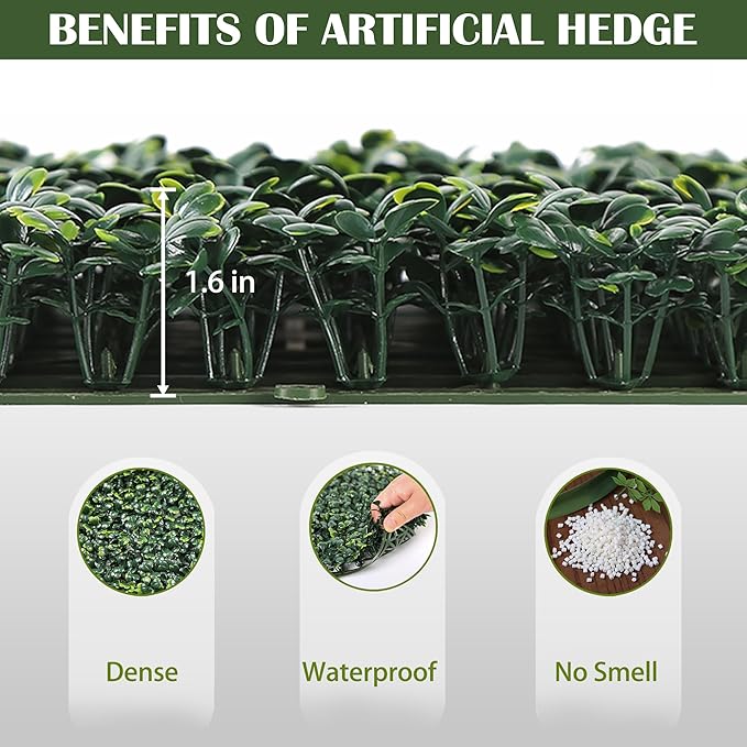 24PCS 10"x 10" Artificial Boxwood Wall Panels, UV-Anti Grass Wall Hedge Plant Panels for Indoor Outdoor Green Wall Decor Ivy Fence Covering Privacy