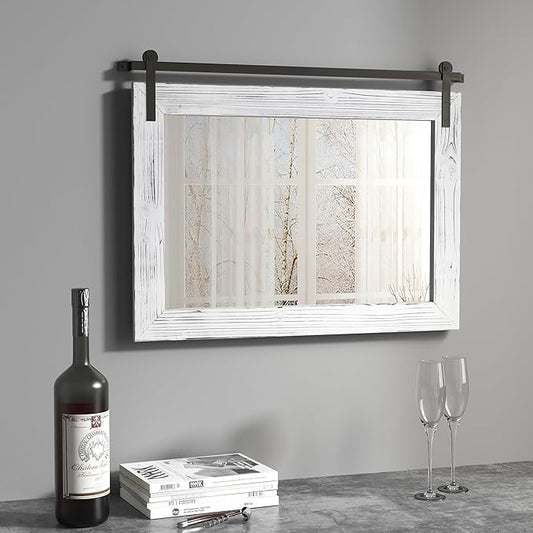 COGOOD Farmhouse Barn Door Mirror - 25 x 18 Rustic Wood Framed Decrative Mirror for Bathroom, Living Room, Entryway Wall Decor (White)