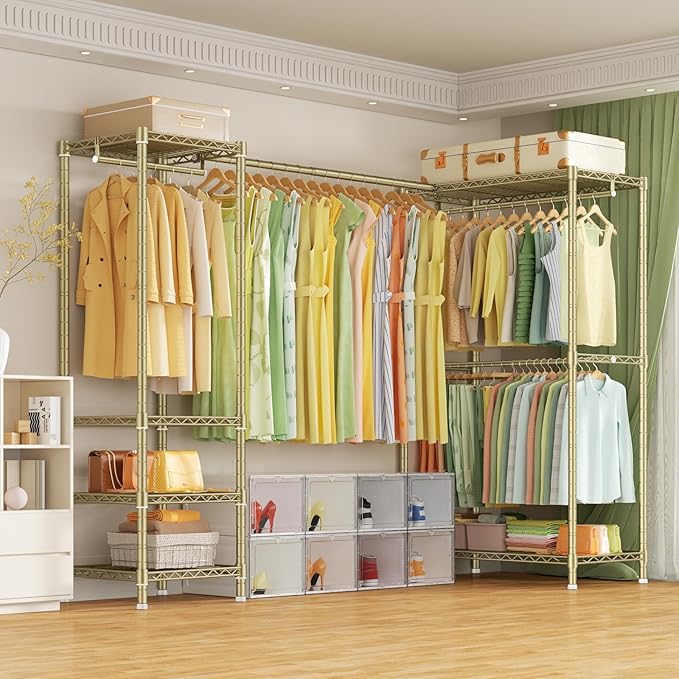 E10L L-Shaped Clothes Rack for Corner（With Expandable Hanger Rod）Heavy Duty Freestanding Clothing Racks for Hanging Clothes，Portable Garment Rack 58-82"W x 30"D x 72"H，Max Load 900LBS，Gold