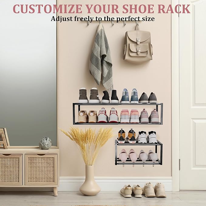 2 Pack Expandable Wall Mounted Shoe Rack, 17"-31" Adjustable Hanging Shoe Rack Holds 16 Pairs, Heavy Duty Metal Shoe Holder with 4 Storage Hooks, Space Saving for Entryway Closet Doorway（Black