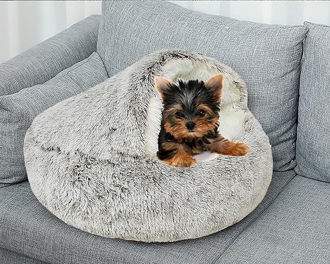 Dog Cave Bed for Small Dogs Cats Pets, Anti Anxiety Calming Plush Dog Beds, Fluffy Covered Hooded Cozy Burrow Puppy Beds, Anti-Slip Bottom Washable Pet Sleeping Bag (20" D, Coffee)