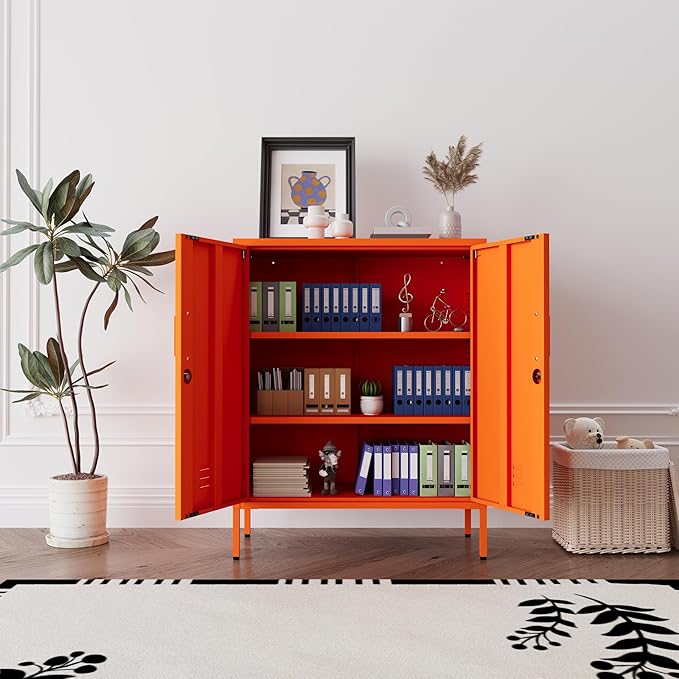 Orange Heavy Duty Metal Storage Cabinet, Multifunctional Lockable Cabinet with 3 Adjustable Shelves, Secure Industrial Organizer for Home Office School, Easy Assembly, 40" H x 31.5" W x 15" D