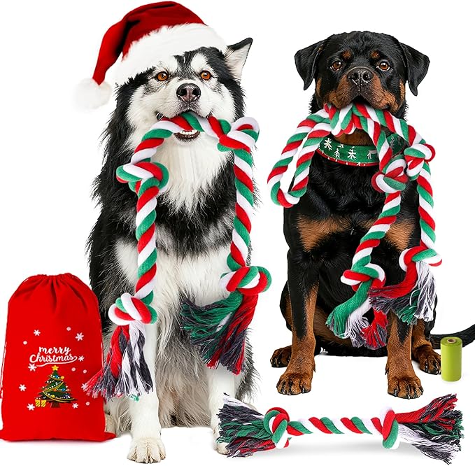 Christmas Tough & Strong Dog Toy for Aggressive Chewers – Tough Chew Toys for Large Dogs, Ideal for Tug-of-War & Teeth Cleaning, with 3 Rope Toys & 2 Dog Supplies