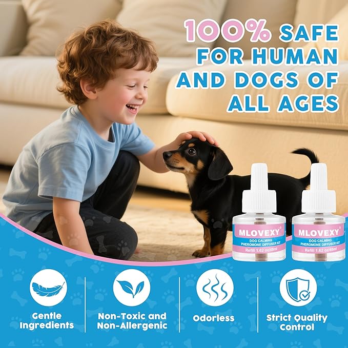 Dog Calming Diffuser for Dog Anxiety Relief, Dog Pheromones Calming Diffuser, Pheromone for Dogs to Reduce Barking Aggression Fighting Stress, Stop Peeing(2 Refills, 1 Diffuser,60 Days)