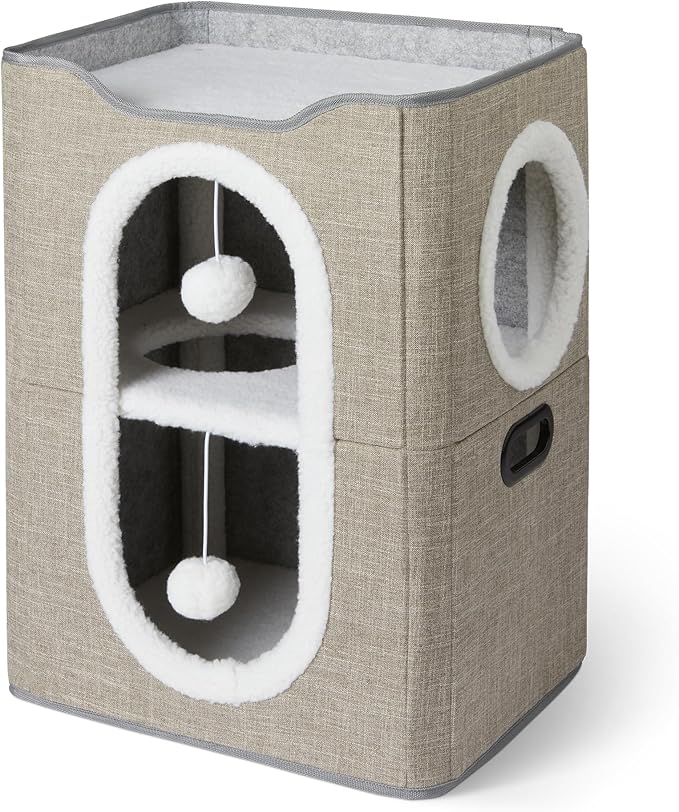Amazon Basics 2-Story Cat Condo - Foldable Indoor Cat House with Dual Cubes (Grey)
