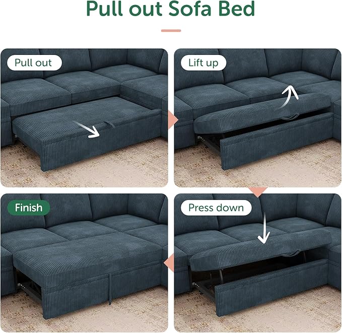 HONBAY Modular Sectional Couch with Pull Out Bed, Corduroy Sleeper Sofa with Storage Seats, U Shaped Sectional Couches for Living Room, Blue
