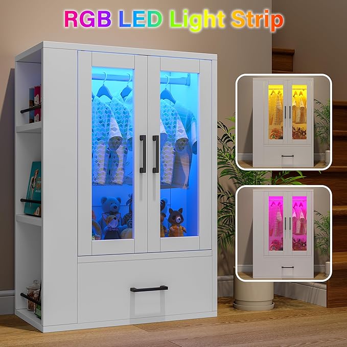 Semoic Wooden Dog Closet with LED Lights, Pet Wardrobe Organizer | Storage Cabinet for Dog & Cat Clothes, Toys, Food | Multi-Use Furniture, White