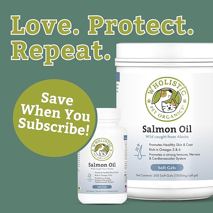 Wholistic Pet Organics Wild Alaskan Salmon Oil for Dogs and Cats - Omega 3 Fish Oil for Dogs & Cats - Cat & Dog Skin and Coat Supplement, Heart and Joint Health - DHA, EPA Omega 3 6 9-100 Soft Gels